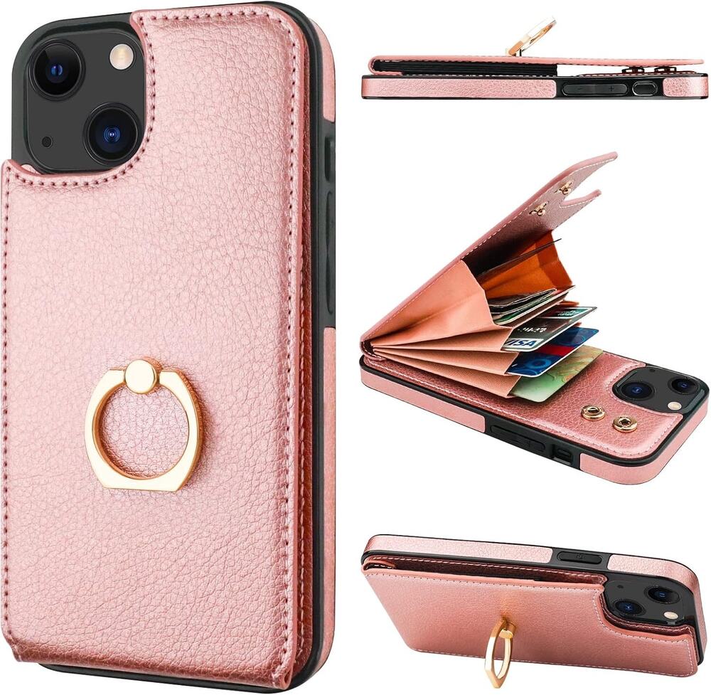 Folosu Compatible with iPhone 13 Case Wallet with Card Holder, 360°Rot Rose Gold